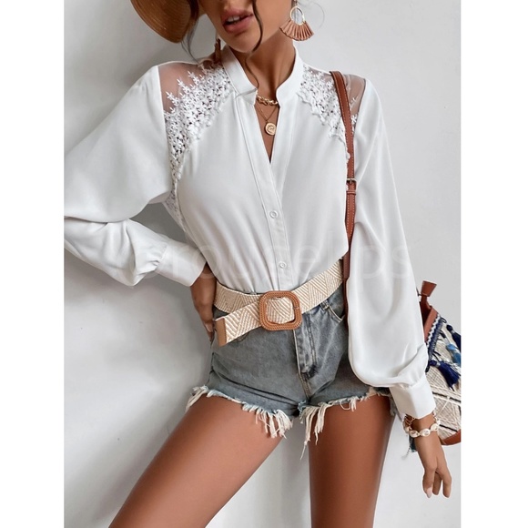 Lace Mesh Embroidery Detail White Button Up Shirt Blouse Long Bishop Sleeve - Picture 8 of 9